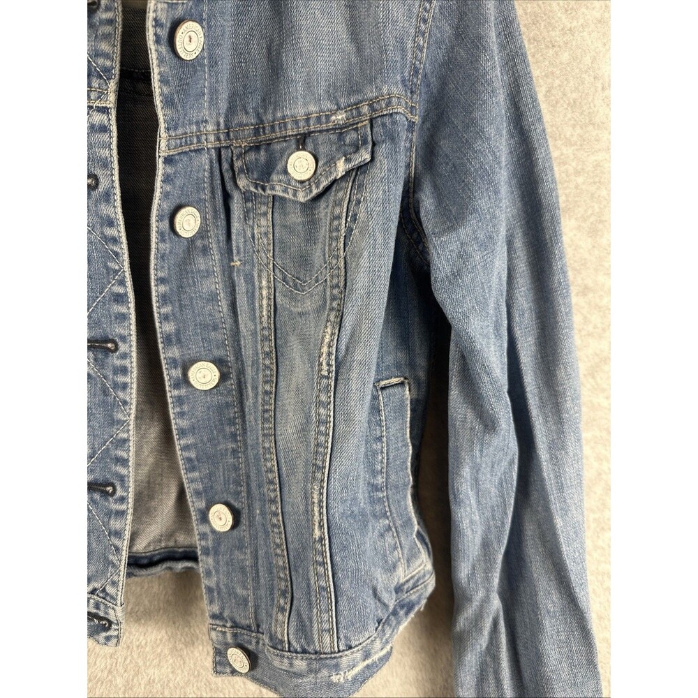 American Eagle Jacket Women's Small Blue Denim Trucker Distressed Button Front - Picture 4 of 8